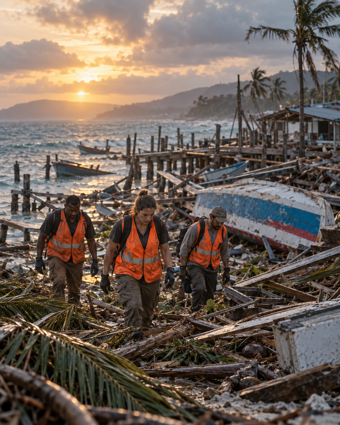 Emergency responders in orange vests pick through storm debris on a tropical coastline at dawn