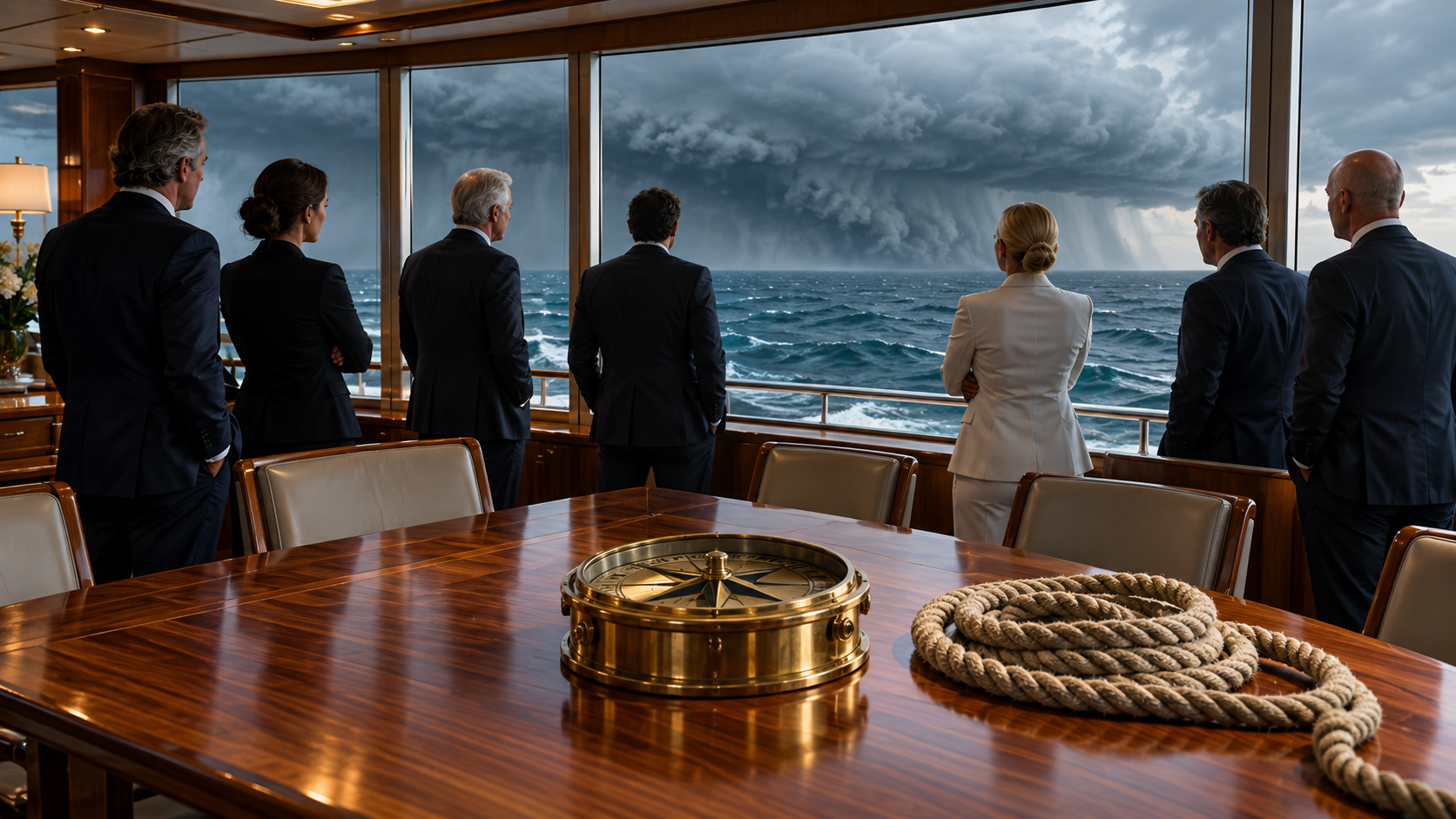 A glossy tri-fold brochure-style pitch meeting around a yacht's conference table, laptops open, ocean visible through windows