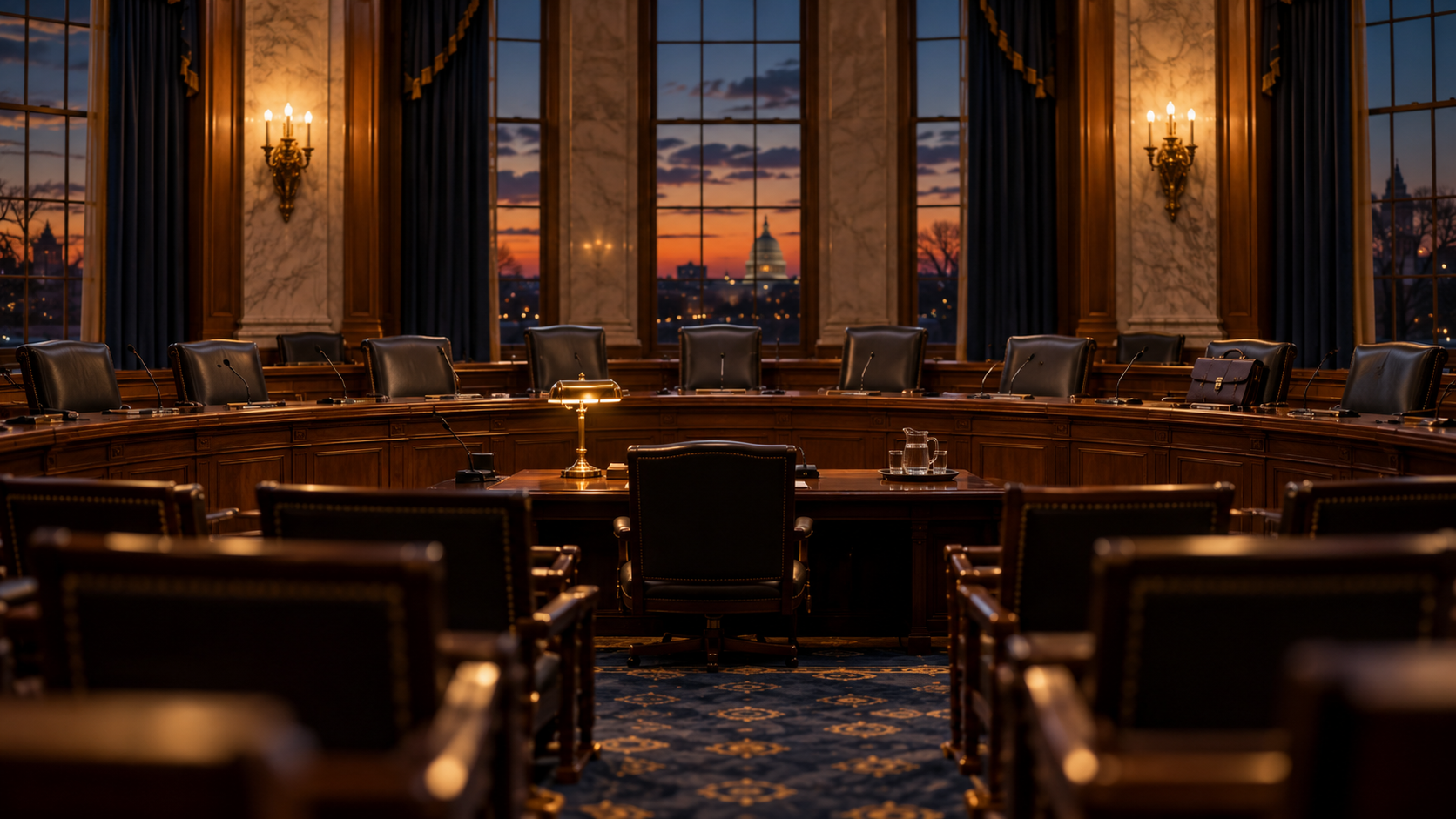 An empty committee room at dusk, a single desk lamp still on and one briefcase left behind