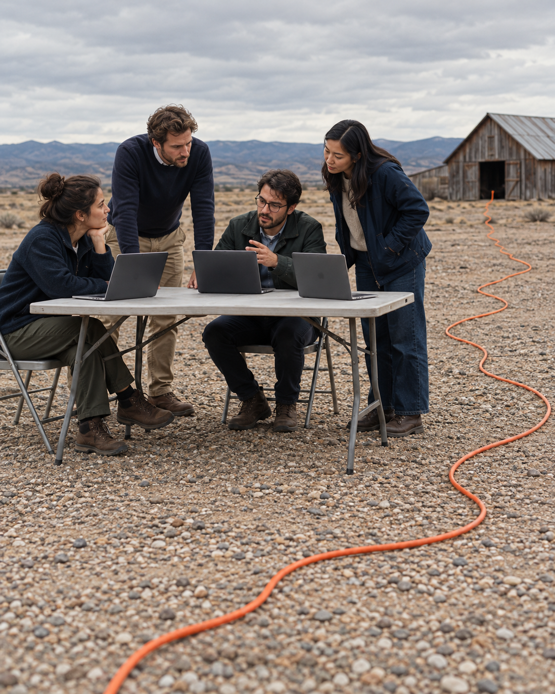 A product manager holds a standup meeting with three coworkers on a folding table in an empty gravel lot