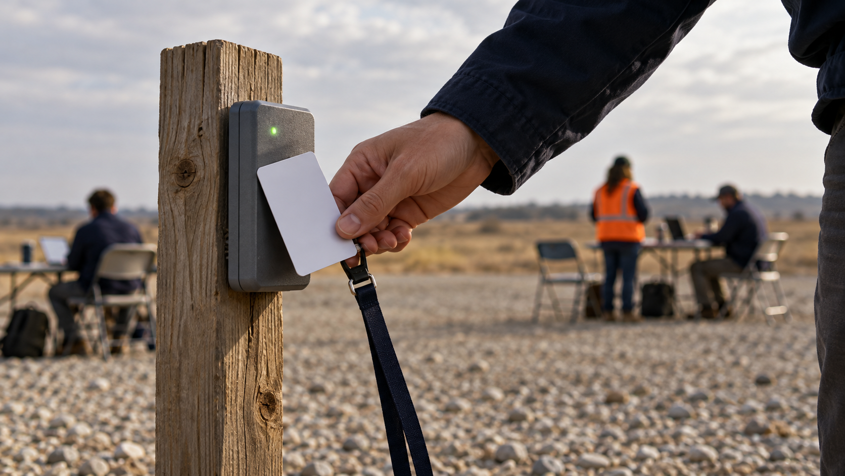 The company's badge reader, mounted on a wooden stake, records an employee arriving at 9:28 a.m.