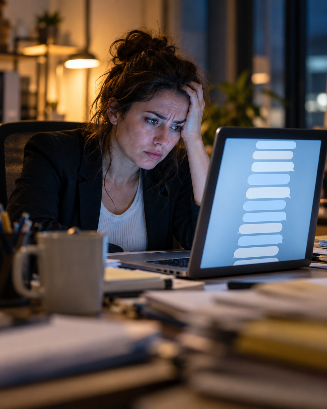 A frustrated office worker stares at a laptop showing an endless chain of calendar invite replies