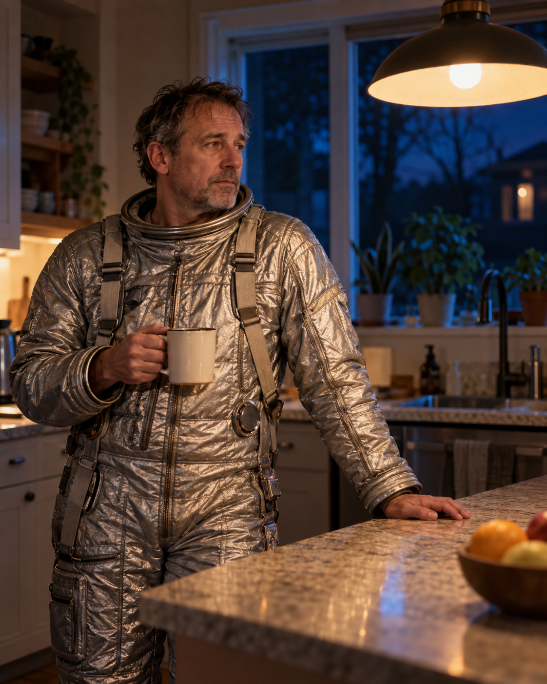 A man in a branded silver flight suit standing at a suburban kitchen counter at night, pendant light overhead