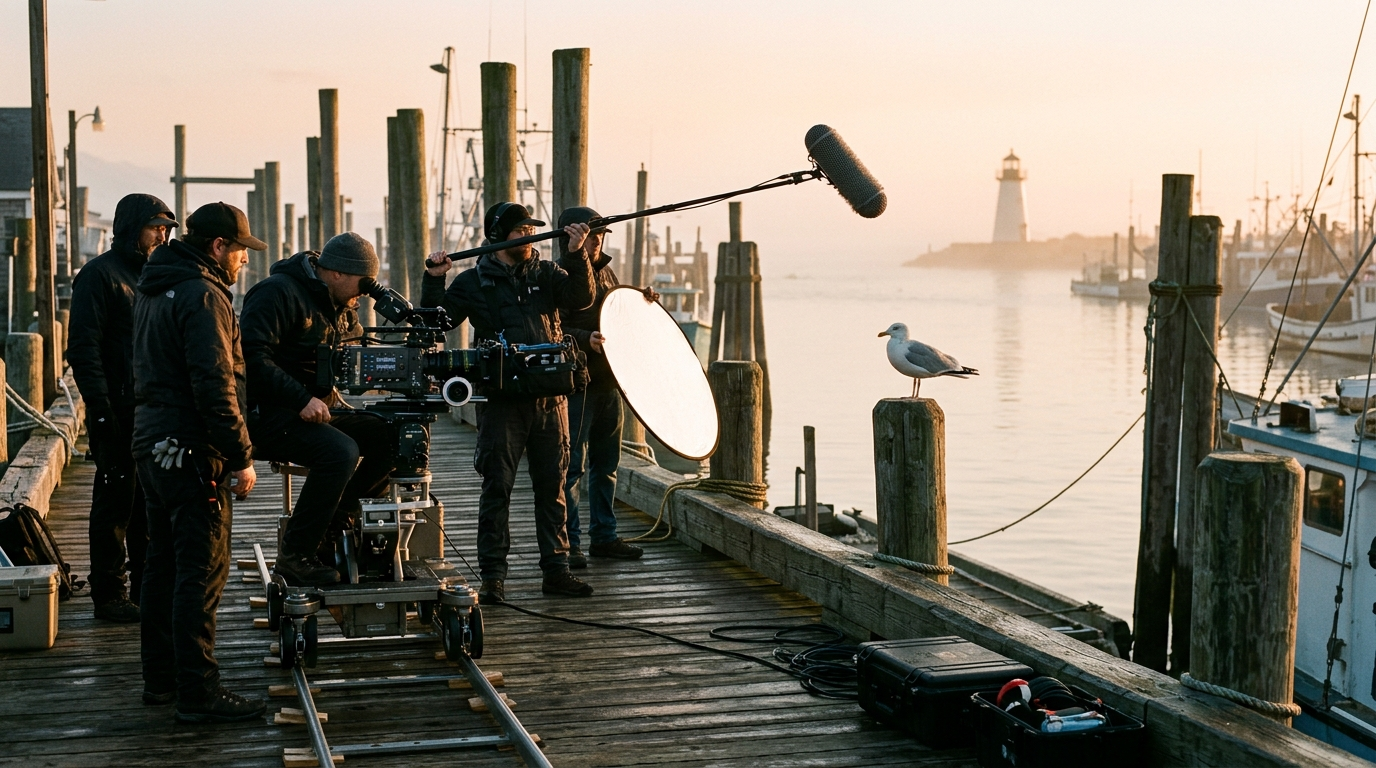 A film crew shoots test footage of the gull at the center of Meridian's planned limited series