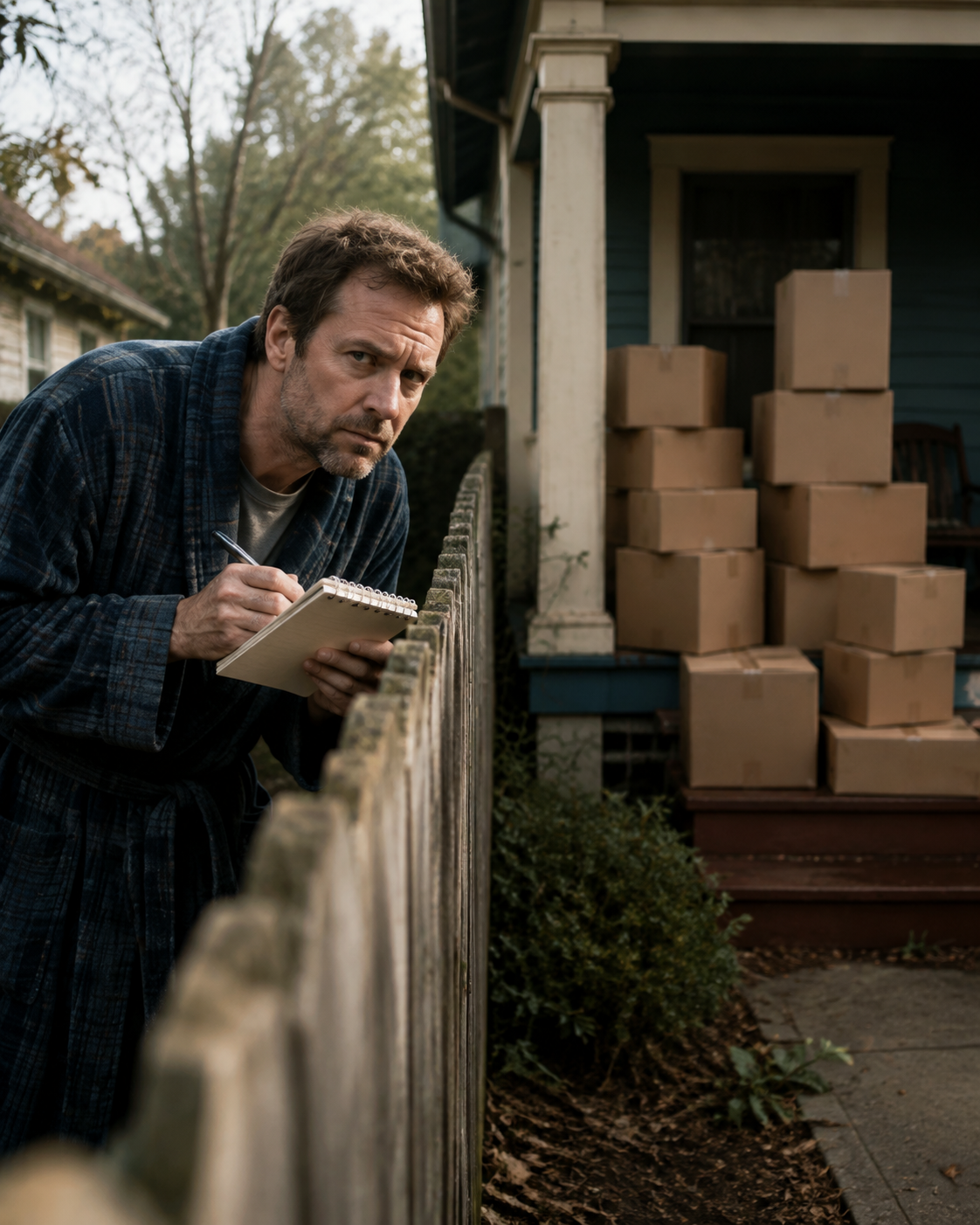 A neighbor in a bathrobe leans over a backyard fence, notebook in hand, eyeing a porch stacked with cardboard delivery boxes.