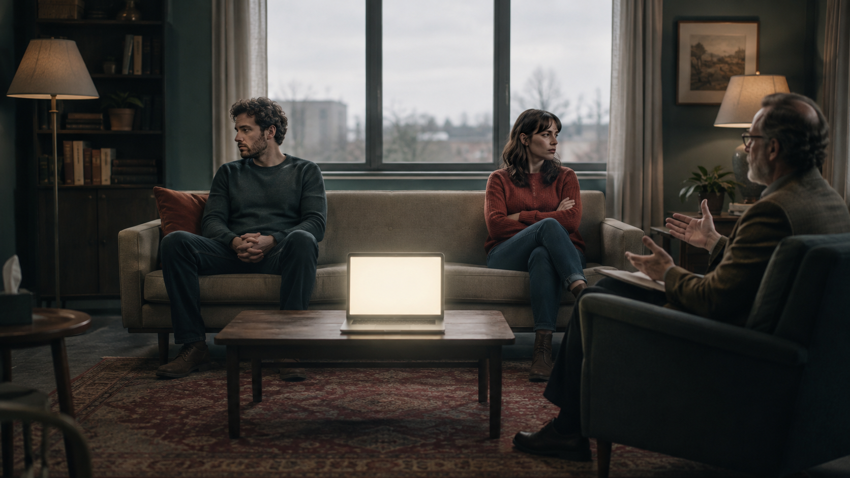 A couple sits stiffly apart on a therapist's couch while a laptop glows on the coffee table between them.