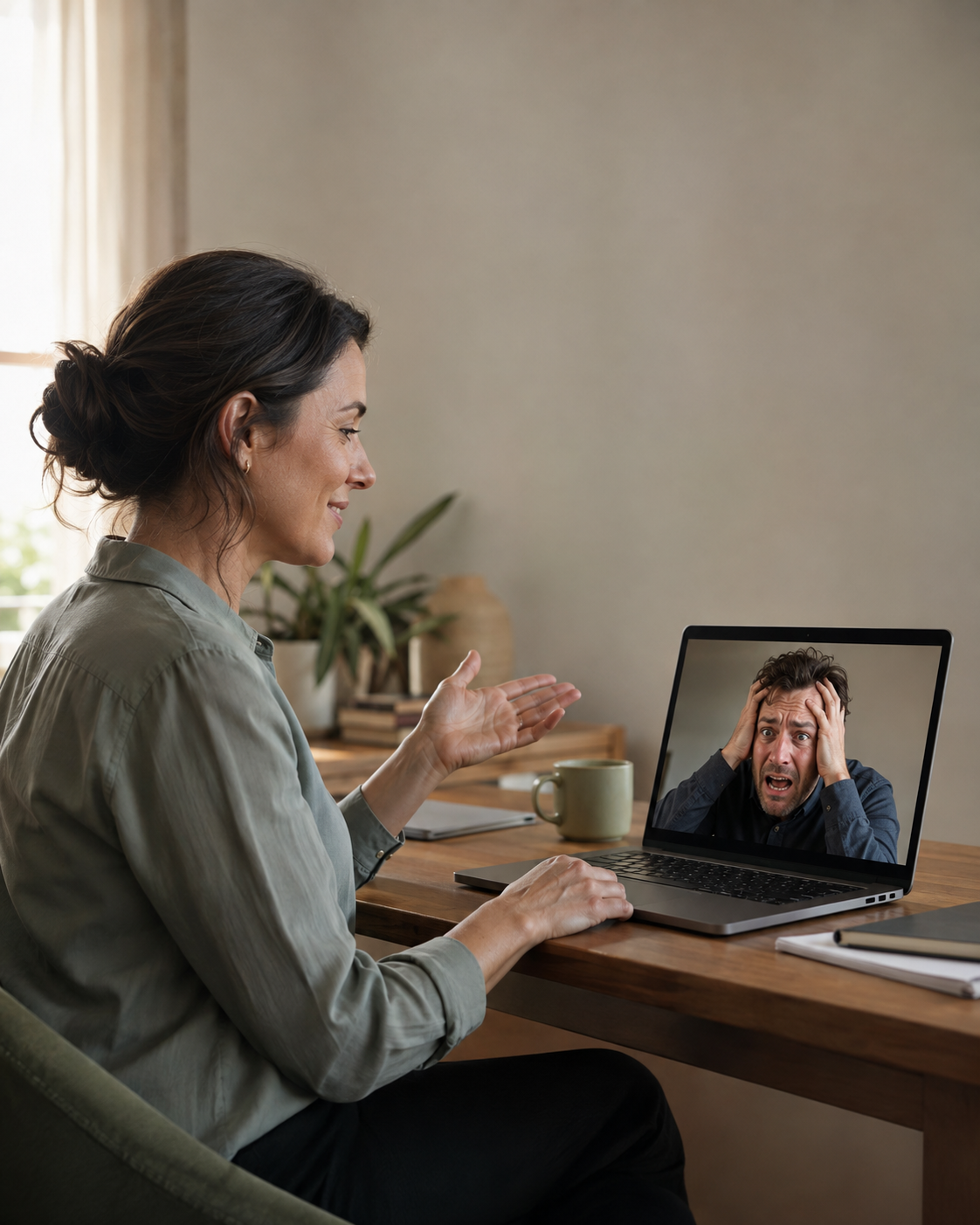 A wellness concierge on a video call gestures at a chart while a customer looks increasingly alarmed