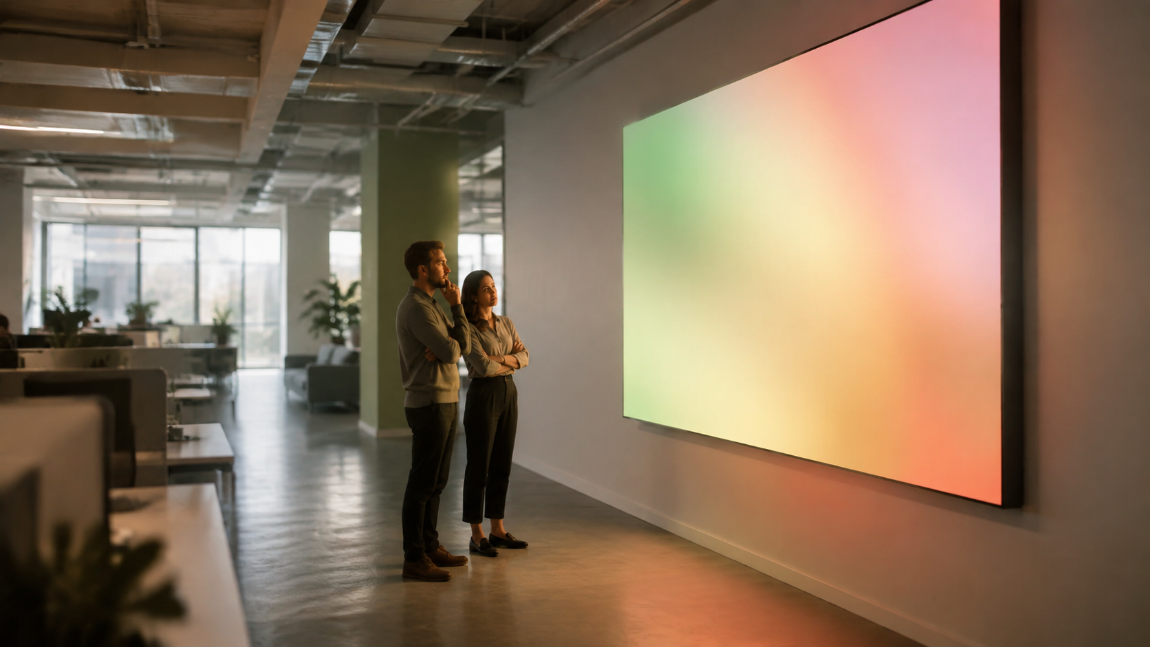 A wall-mounted monitor in a bright open office displays a rising age counter as two employees watch