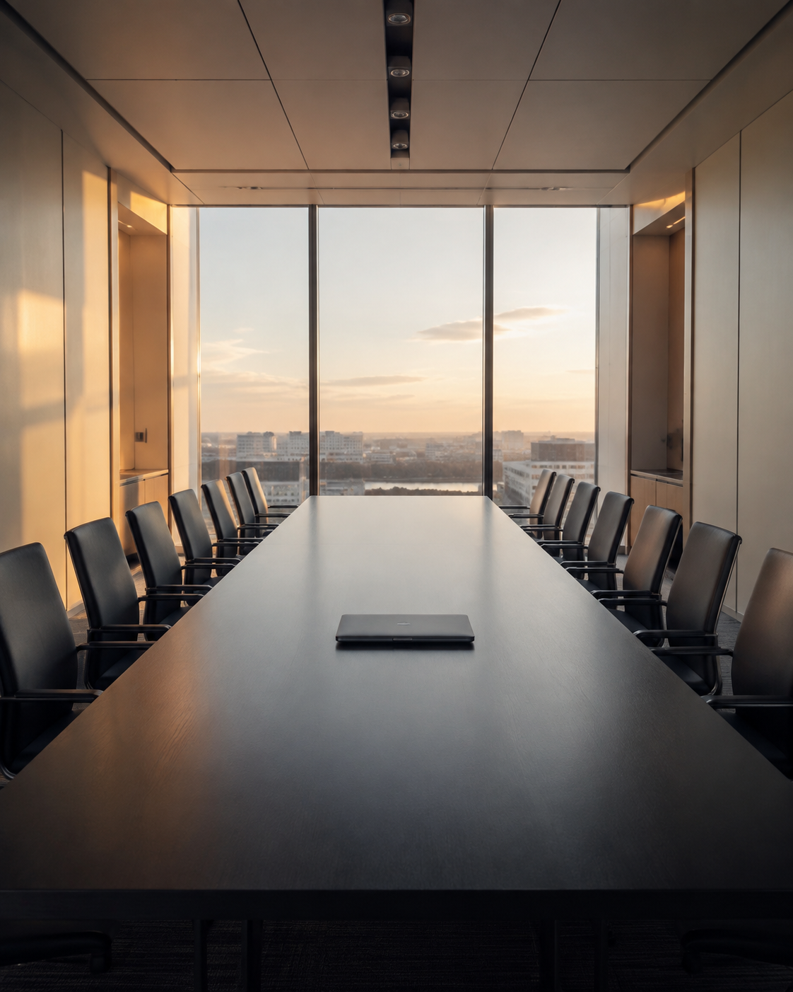 An empty conference room at dawn, one closed laptop and a dozen unused chairs where the 8 a.m. stand-up used to be