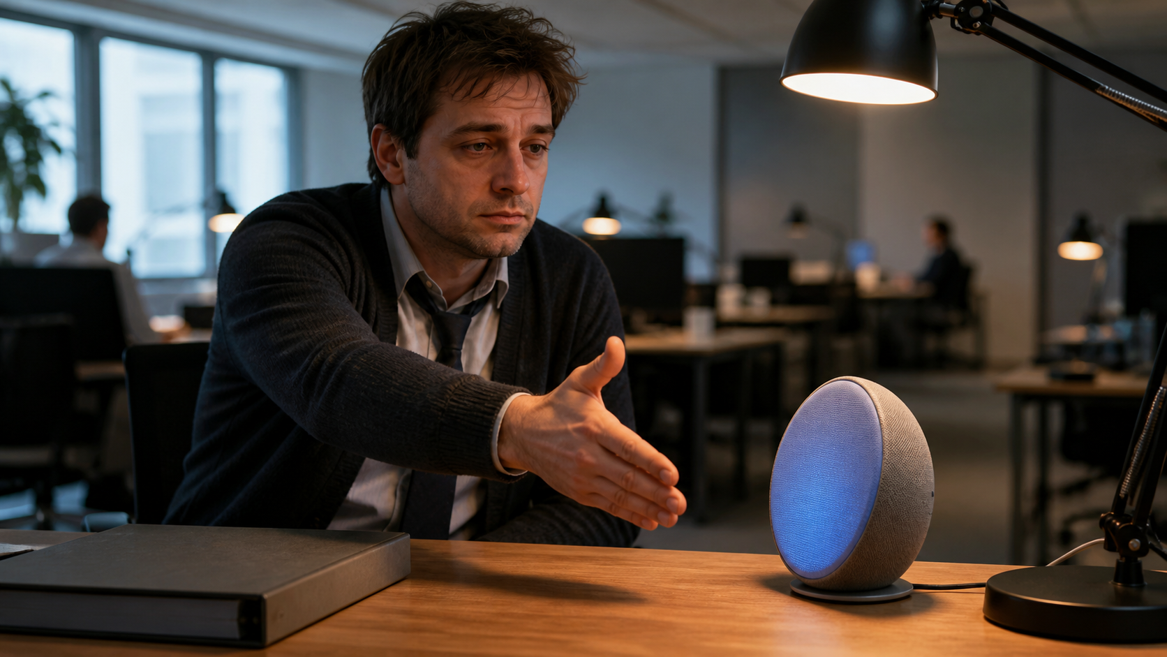 A tired office worker shakes hands with the small desktop speaker device that now represents him at the negotiating table