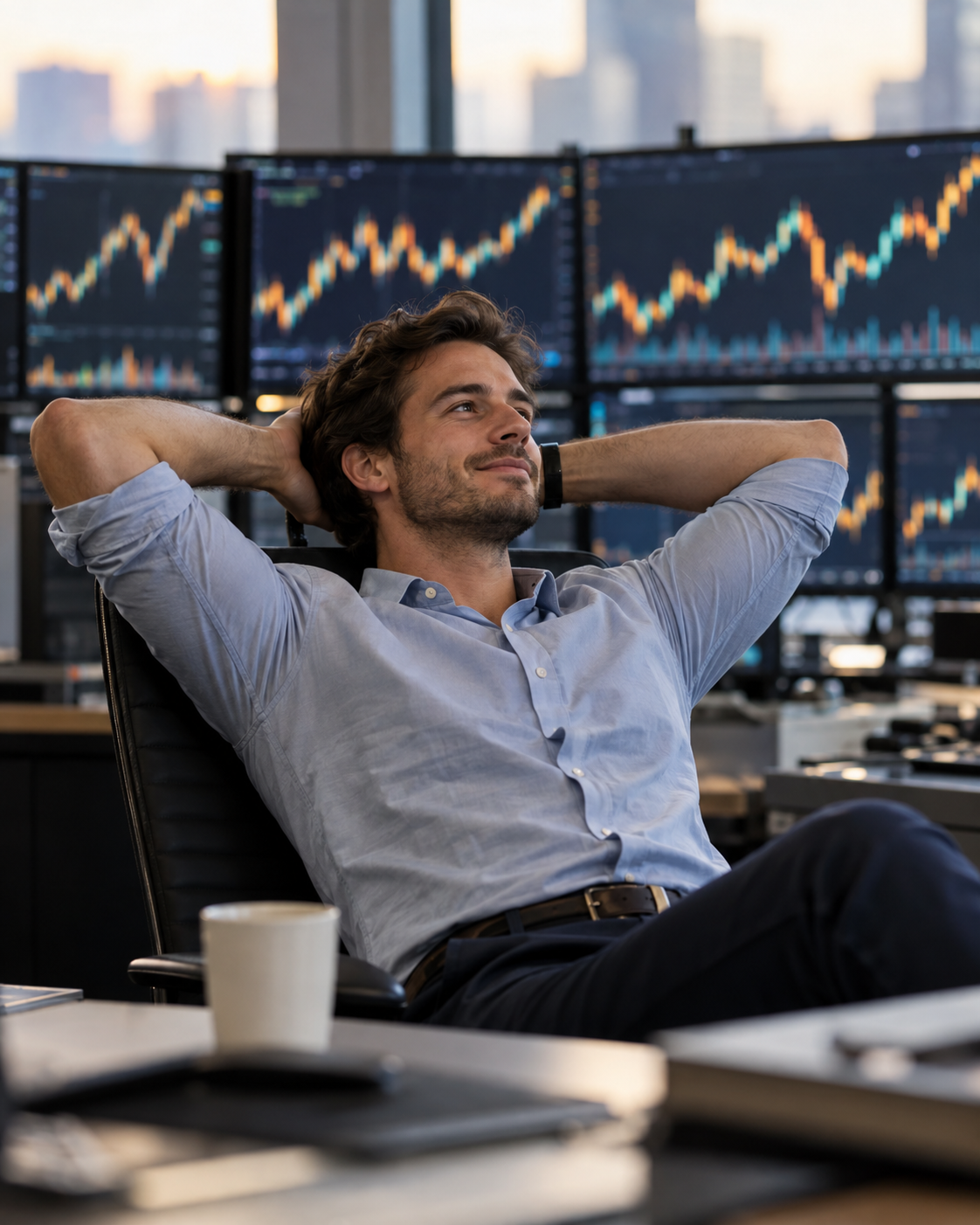 A trader leaning back at a bank of monitors, coffee in hand, visibly unbothered by a wall of green numbers