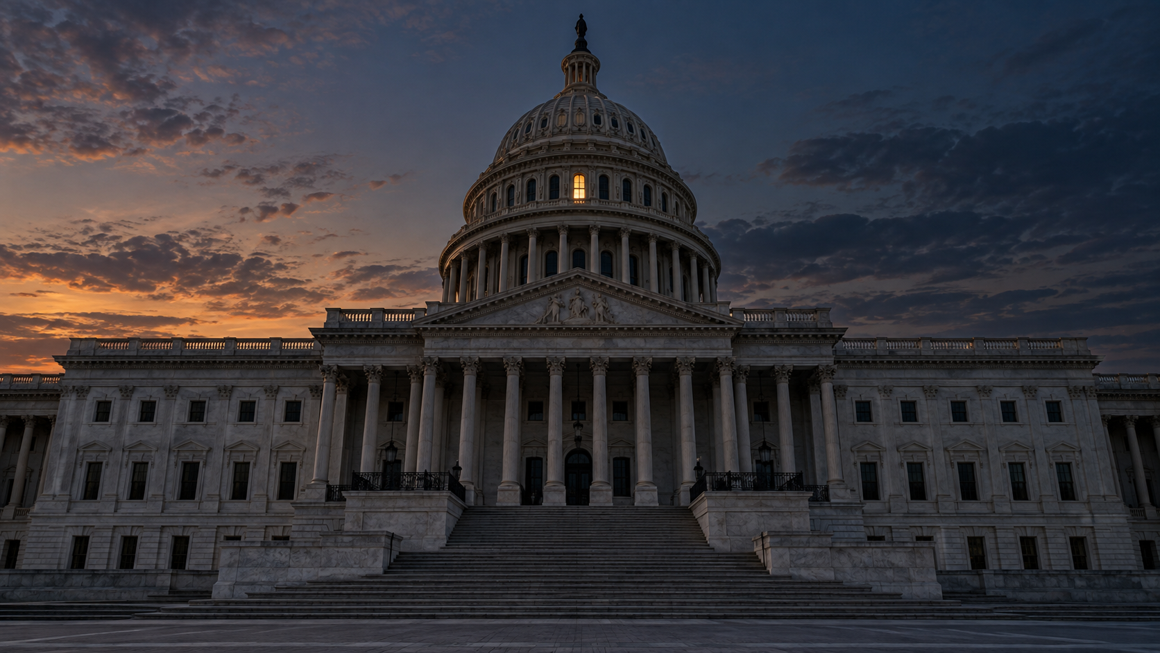 The exterior of a grand marble government building at dusk, a single office window still lit above the empty steps