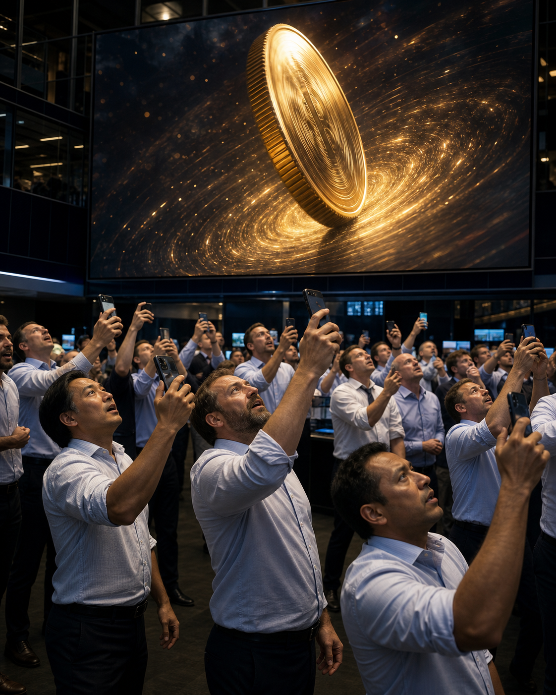 Traders on a chaotic exchange floor staring up at a screen showing a giant spinning coin