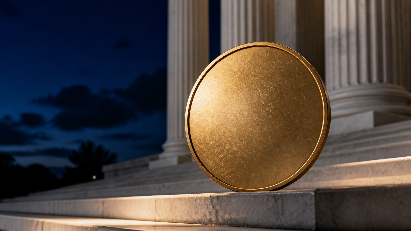 The Federal Reserve building steps at dusk, a single oversized commemorative coin resting on the top step