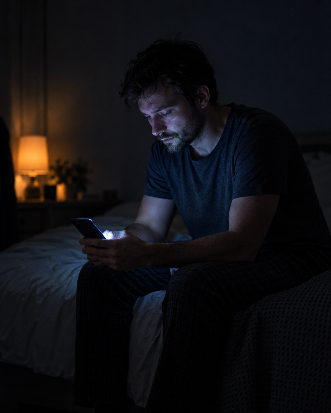 A man sits alone in bed at night, his face lit only by his phone screen