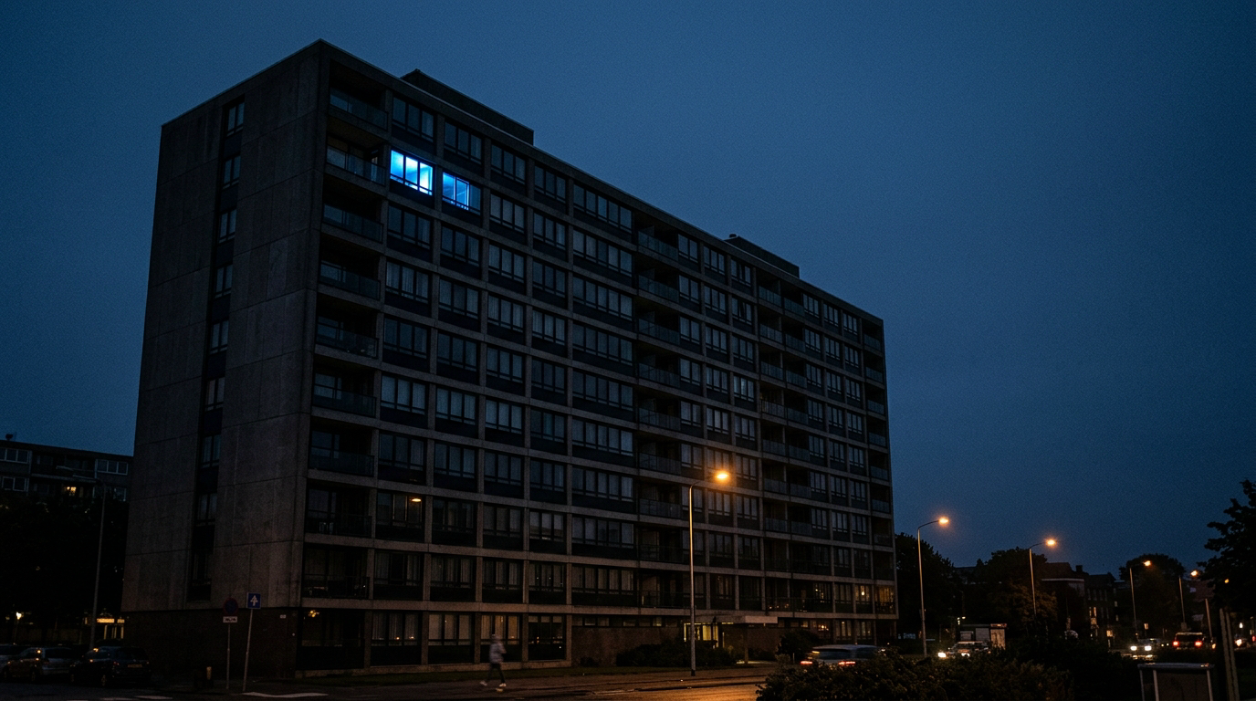 An apartment building glows against a dark evening sky, a single window lit blue