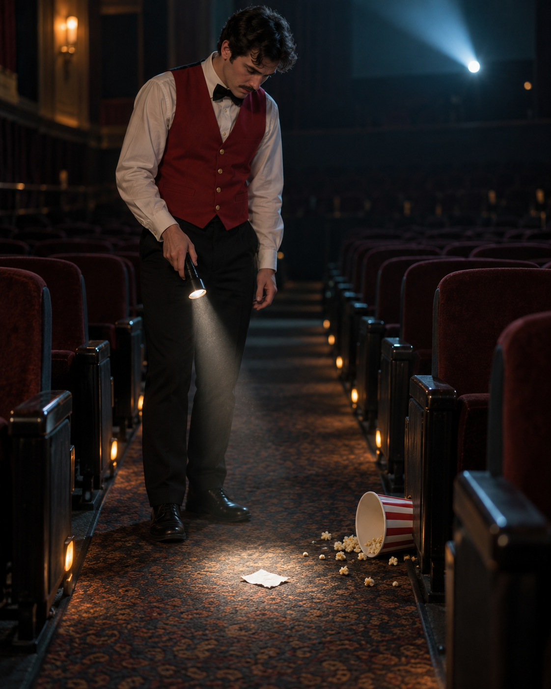 A movie theater usher shines a flashlight on a torn scrap of paper dropped in the aisle