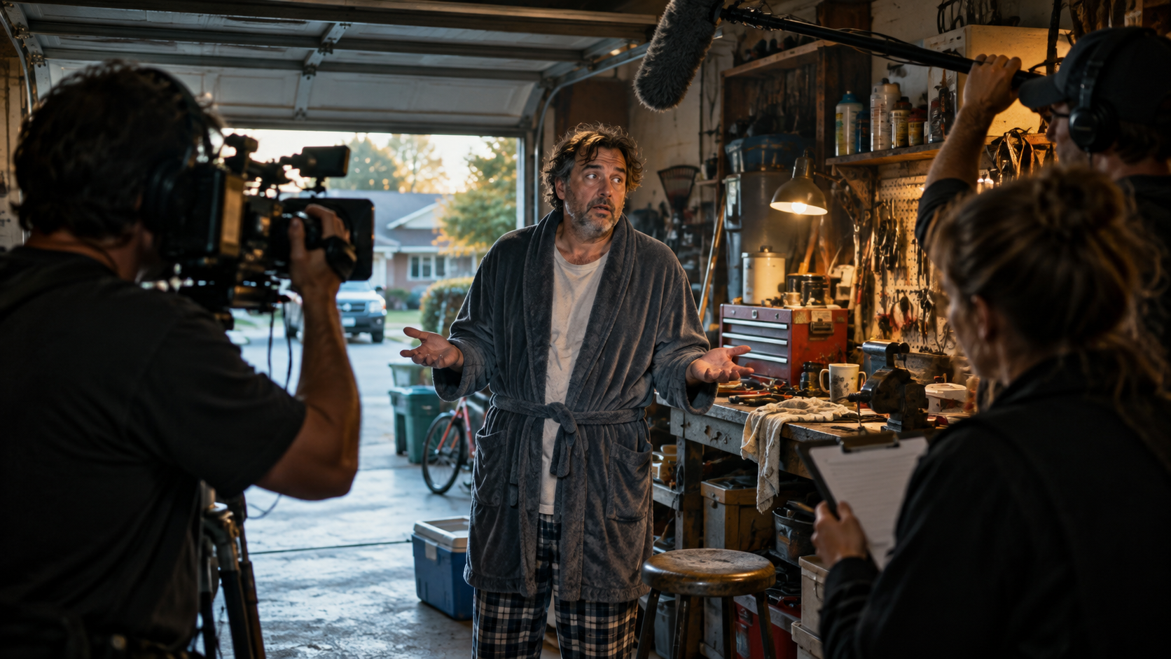 A documentary crew crowds into a suburban garage to interview a bewildered man in a bathrobe