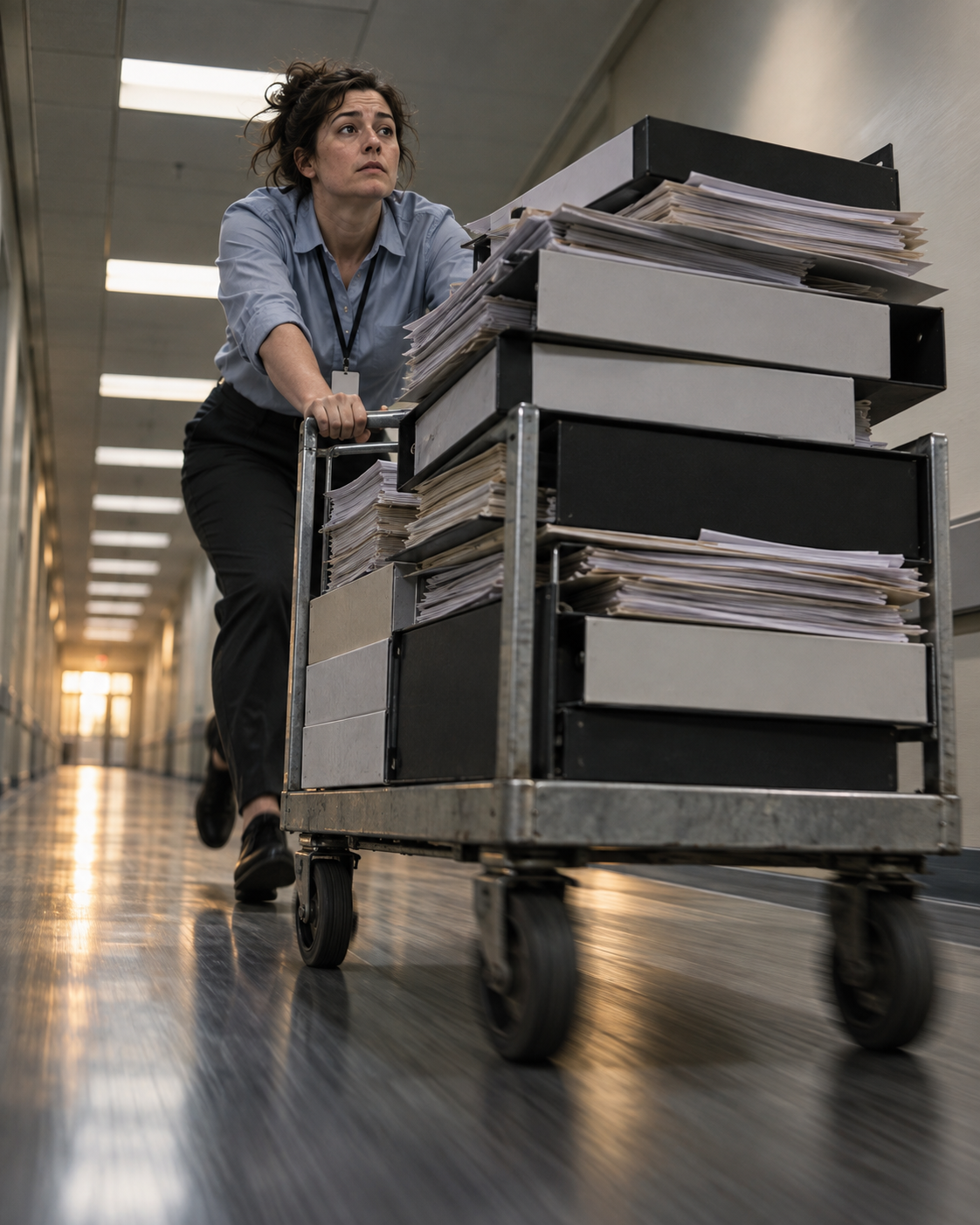 A UN staffer pushes an overloaded cart of thick binders down a long fluorescent-lit hallway
