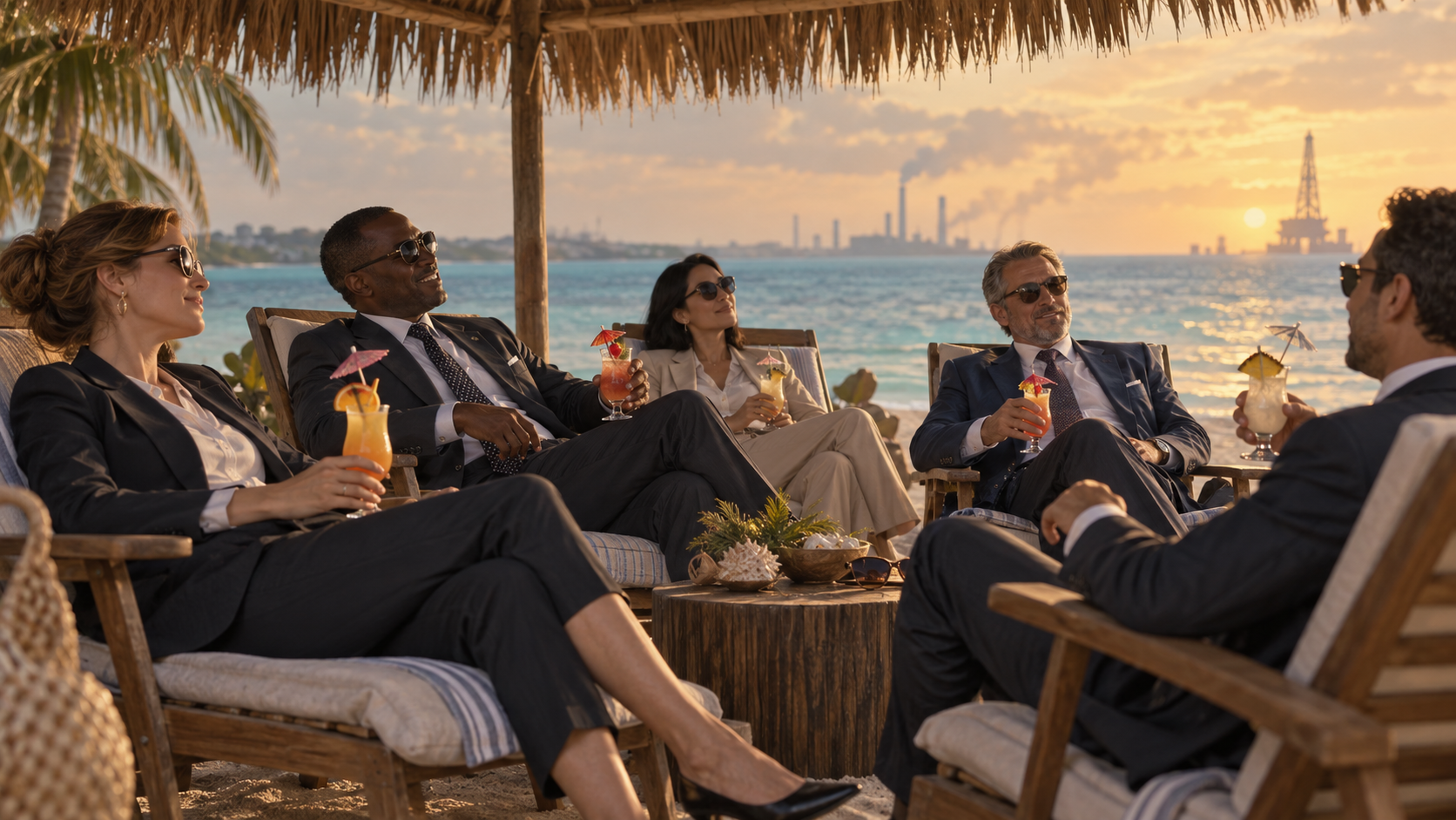 World leaders lounge in beach cabana chairs with drinks while distant smokestacks blur on the horizon